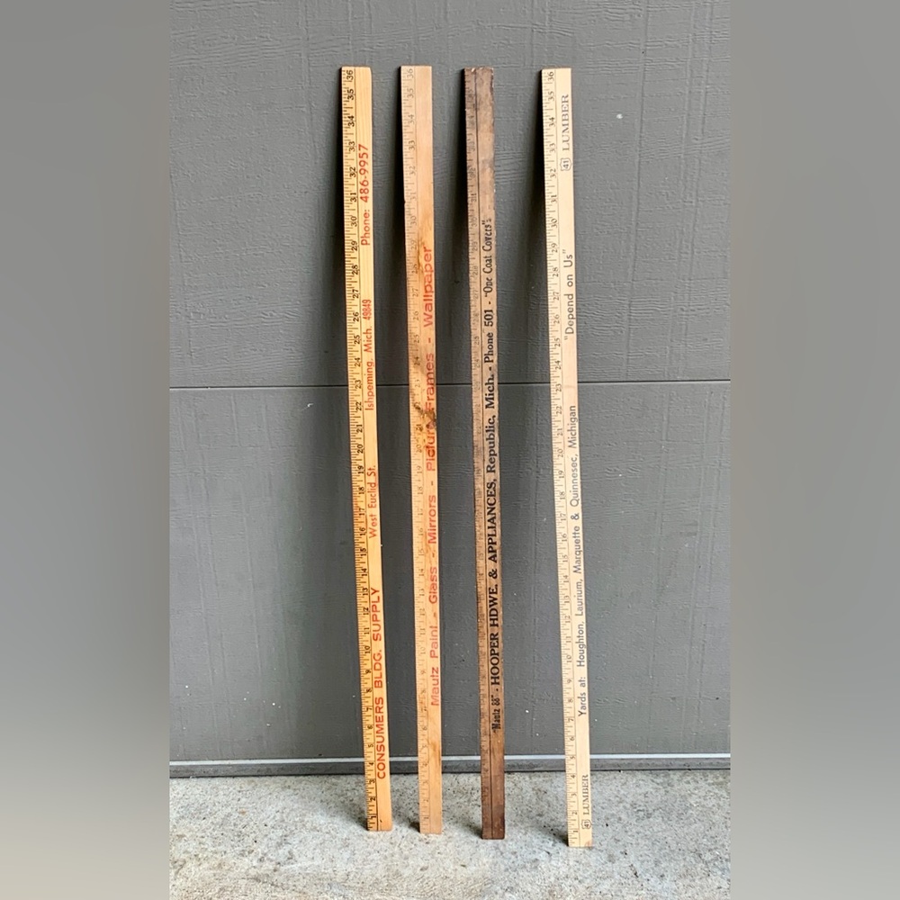 (Lot of 4) Vtg Upper Peninsula Michigan Antique Advertising Wooden Yardsticks